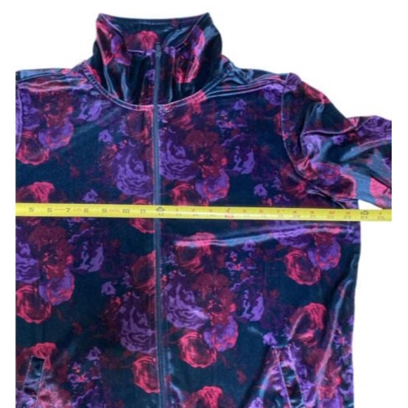 Woman Within Velour Navy Purple Floral Full zip jacket High Neck Size Medium M - Picture 6 of 11